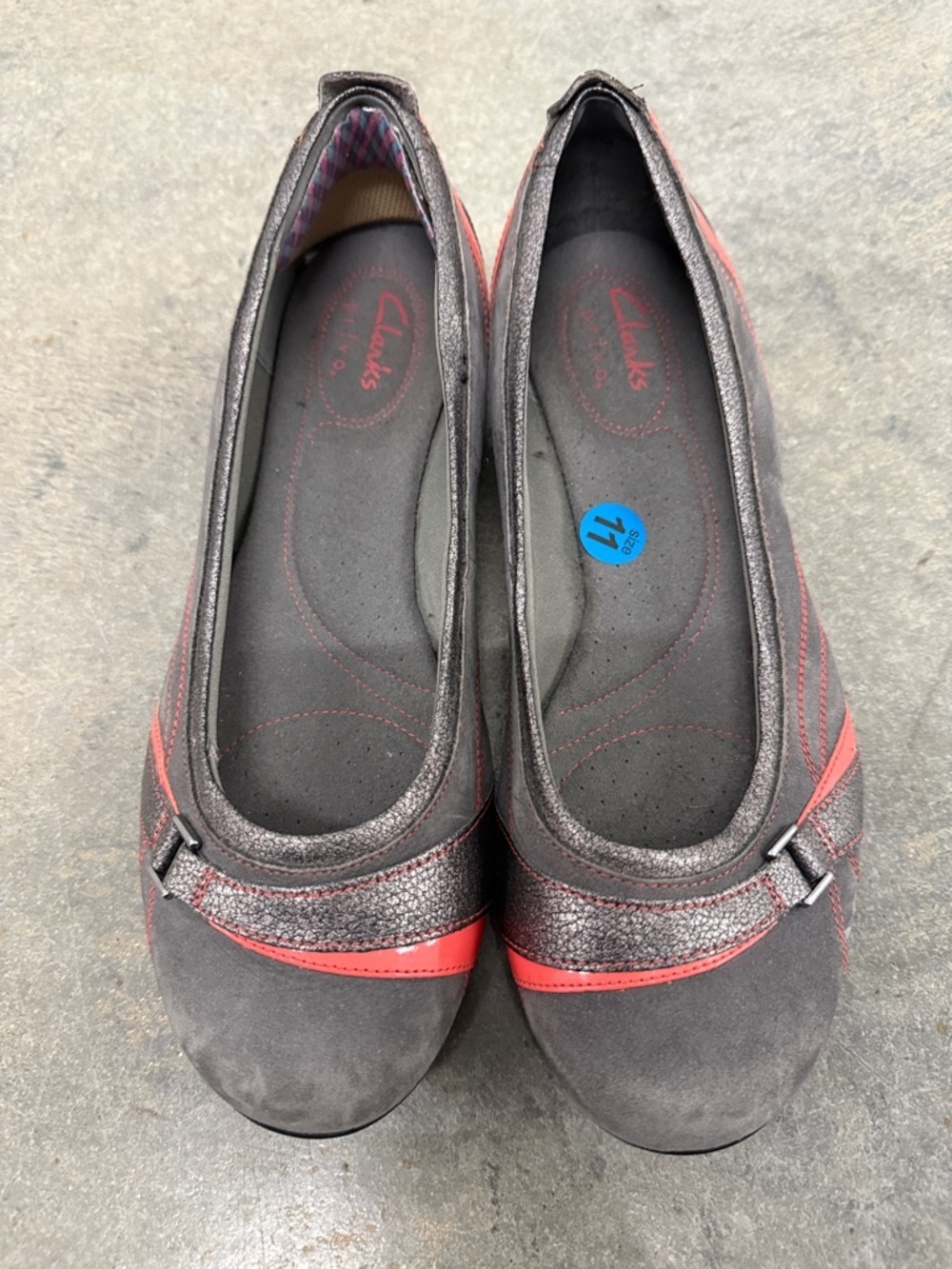 Clarks Gray Flats with Red Accent Trim